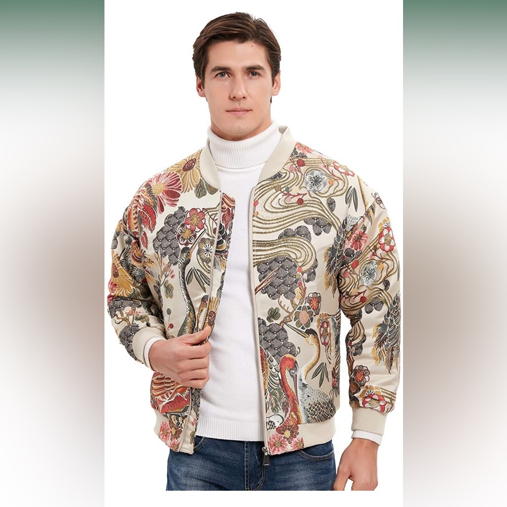 HOOD CREW Embroidery Floral Bomber Jacket Mens Sz XS | Womens M